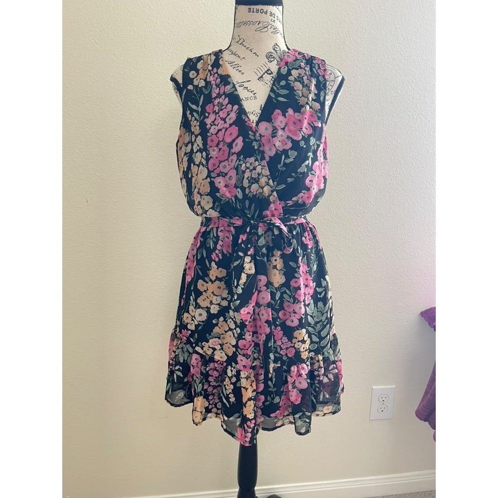 Sam Edelman Floral Faux Wrap Mini Dress Black Pink Sleeveless Size 4